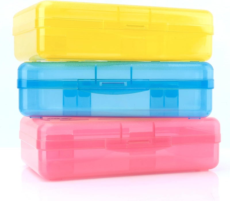 BOEIAC Large Clear Plastic Pencil Case - 3 Pack, Hard Storage Box for Kids & Office Supplies - Pink, Blue, Yellow - Image 1